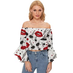 Red Lips Black Heels Pattern Off Shoulder Flutter Bell Sleeve Top