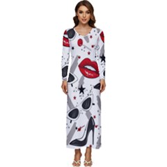 Red Lips Black Heels Pattern Long Sleeve Velour Longline Maxi Dress