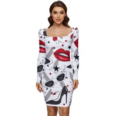 Red Lips Black Heels Pattern Women Long Sleeve Ruched Stretch Jersey Dress