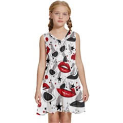 Red Lips Black Heels Pattern Kids  Sleeveless Tiered Mini Dress