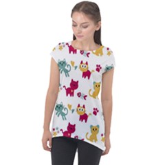 Pattern With Cute Cats Cap Sleeve High Low Top