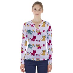 Pattern With Cute Cats V-neck Long Sleeve Top