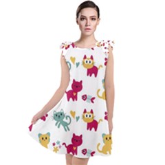 Pattern With Cute Cats Tie Up Tunic Dress