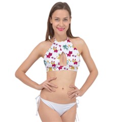 Pattern With Cute Cats Cross Front Halter Bikini Top