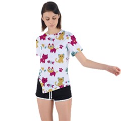 Pattern With Cute Cats Asymmetrical Short Sleeve Sports Tee