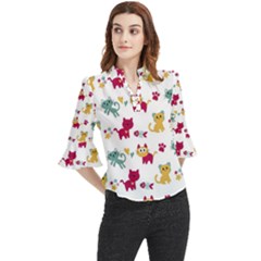 Pattern With Cute Cats Loose Horn Sleeve Chiffon Blouse