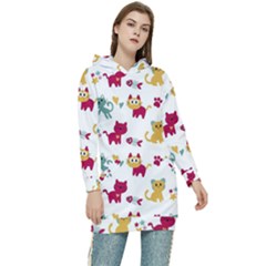 Pattern With Cute Cats Women s Long Oversized Pullover Hoodie