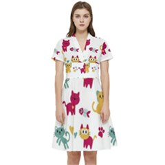 Pattern With Cute Cats Short Sleeve Waist Detail Dress