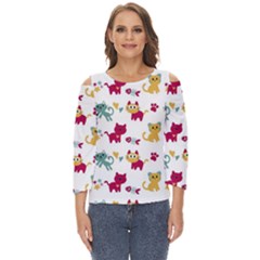 Pattern With Cute Cats Cut Out Wide Sleeve Top