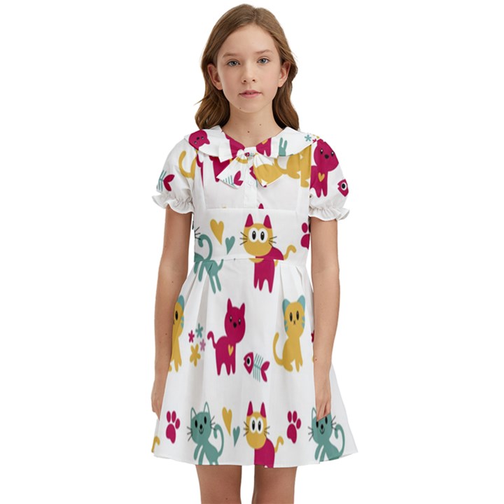 Pattern With Cute Cats Kids  Bow Tie Puff Sleeve Dress