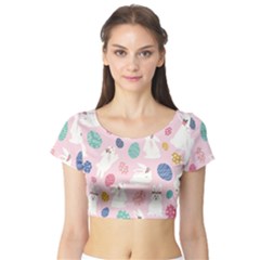 Cute Bunnies Easter Eggs Seamless Pattern Short Sleeve Crop Top by Jancukart