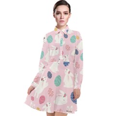 Cute Bunnies Easter Eggs Seamless Pattern Long Sleeve Chiffon Shirt Dress