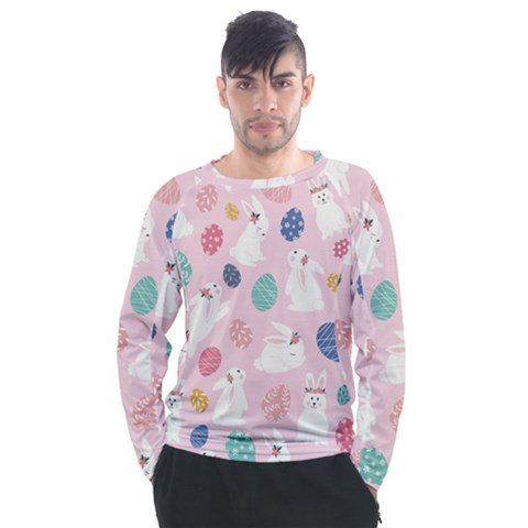 Cute Bunnies Easter Eggs Seamless Pattern Men s Long Sleeve Raglan Tee by Jancukart