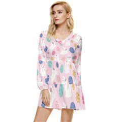 Cute Bunnies Easter Eggs Seamless Pattern Tiered Long Sleeve Mini Dress