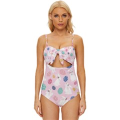 Cute Bunnies Easter Eggs Seamless Pattern Knot Front One-piece Swimsuit