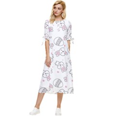 Cute Pattern With Easter Bunny Egg Bow Sleeve Chiffon Midi Dress