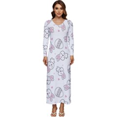 Cute Pattern With Easter Bunny Egg Long Sleeve Velour Longline Maxi Dress