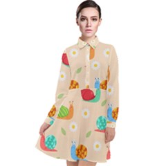 Seamless Pattern Cute Snail With Flower Leaf Long Sleeve Chiffon Shirt Dress by Jancukart