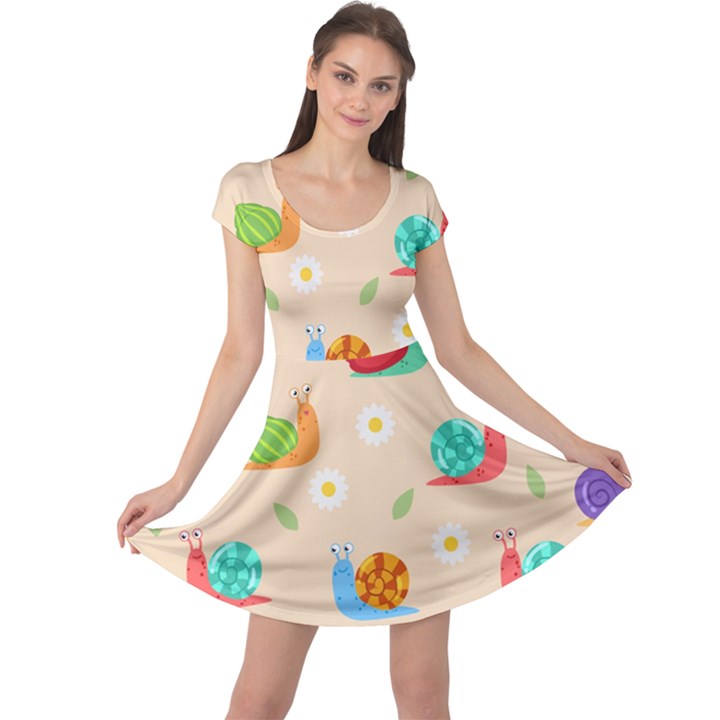 Seamless Pattern Cute Snail With Flower Leaf Cap Sleeve Dress