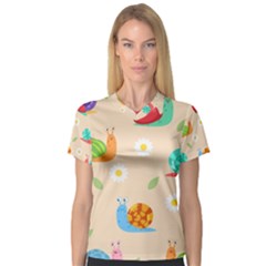 Seamless Pattern Cute Snail With Flower Leaf V-neck Sport Mesh Tee