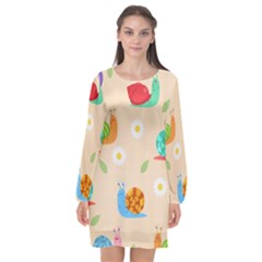 Seamless Pattern Cute Snail With Flower Leaf Long Sleeve Chiffon Shift Dress  by Jancukart