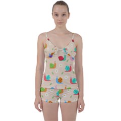 Seamless Pattern Cute Snail With Flower Leaf Tie Front Two Piece Tankini