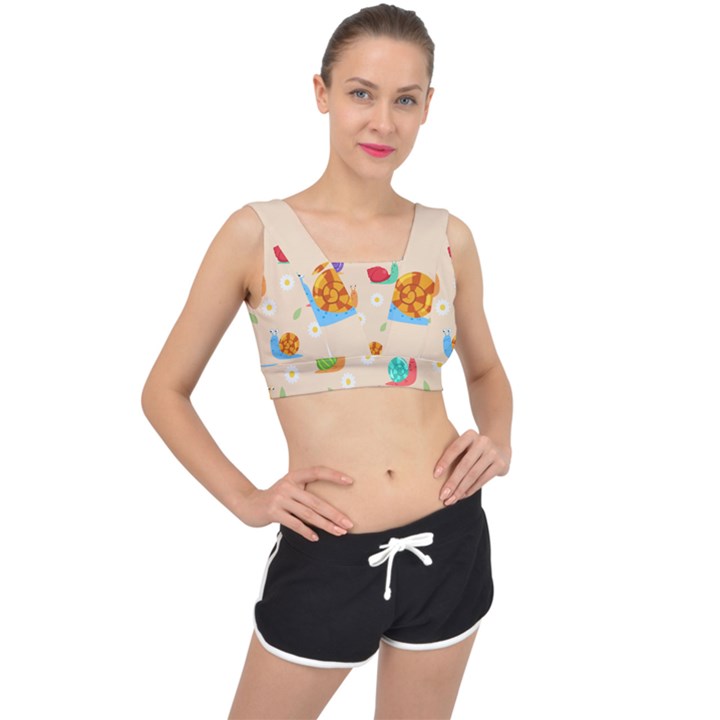 Seamless Pattern Cute Snail With Flower Leaf V-Back Sports Bra