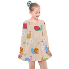 Seamless Pattern Cute Snail With Flower Leaf Kids  Long Sleeve Dress