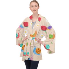 Seamless Pattern Cute Snail With Flower Leaf Long Sleeve Velvet Kimono 