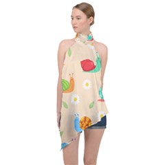 Seamless Pattern Cute Snail With Flower Leaf Halter Asymmetric Satin Top