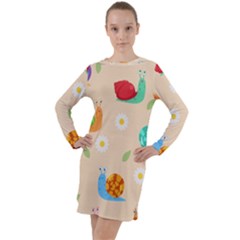 Seamless Pattern Cute Snail With Flower Leaf Long Sleeve Hoodie Dress