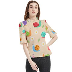 Seamless Pattern Cute Snail With Flower Leaf Frill Neck Blouse