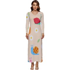 Seamless Pattern Cute Snail With Flower Leaf Long Sleeve Velour Longline Maxi Dress