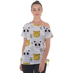 Seamless Pattern Cute Animals Off Shoulder Tie-up Tee