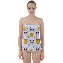 Seamless Pattern Cute Animals Twist Front Tankini Set