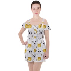 Seamless Pattern Cute Animals Ruffle Cut Out Chiffon Playsuit