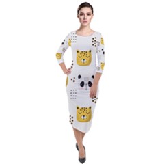 Seamless Pattern Cute Animals Quarter Sleeve Midi Velour Bodycon Dress