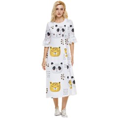 Seamless Pattern Cute Animals Double Cuff Midi Dress