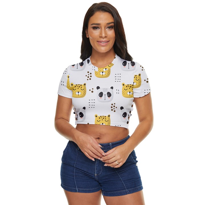 Seamless Pattern Cute Animals Side Button Cropped Tee