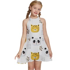 Seamless Pattern Cute Animals Kids  Halter Collar Waist Tie Chiffon Dress