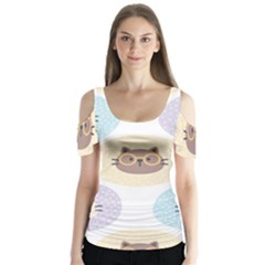 Cute Cat Seamless Pattern Background Butterfly Sleeve Cutout Tee 