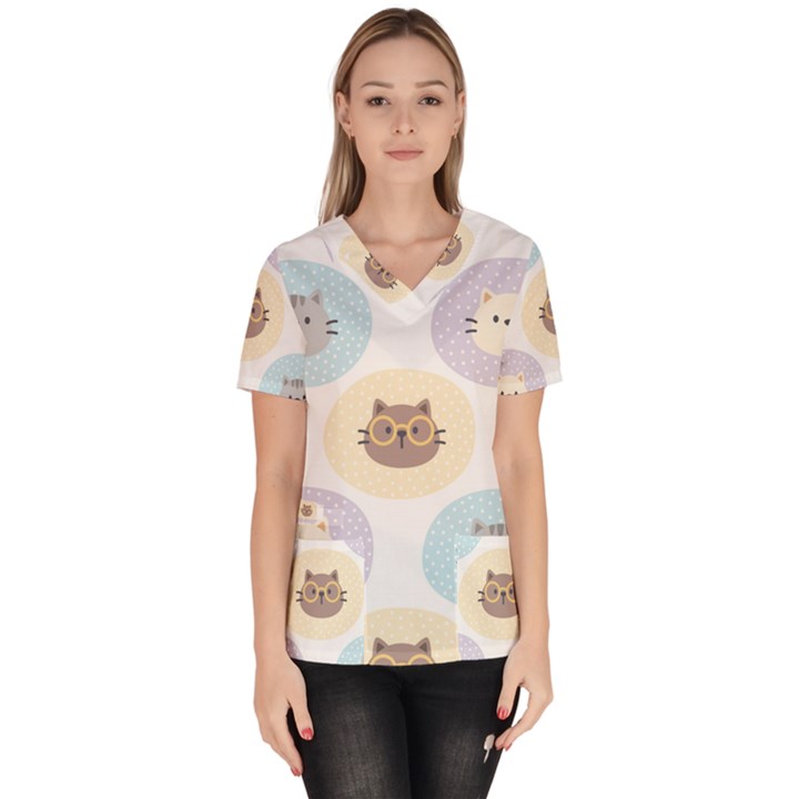 Cute Cat Seamless Pattern Background Women s V-Neck Scrub Top