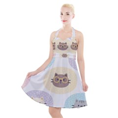 Cute Cat Seamless Pattern Background Halter Party Swing Dress 