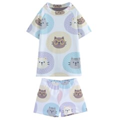 Cute Cat Seamless Pattern Background Kids  Swim Tee And Shorts Set