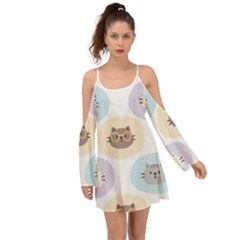 Cute Cat Seamless Pattern Background Kimono Sleeves Boho Dress