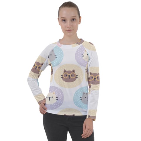 Cute Cat Seamless Pattern Background Women s Long Sleeve Raglan Tee by Jancukart