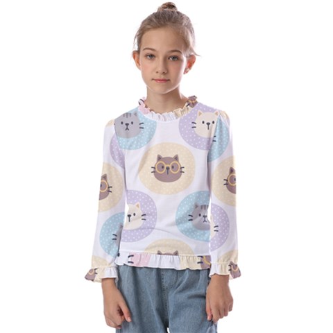 Cute Cat Seamless Pattern Background Kids  Frill Detail Tee by Jancukart