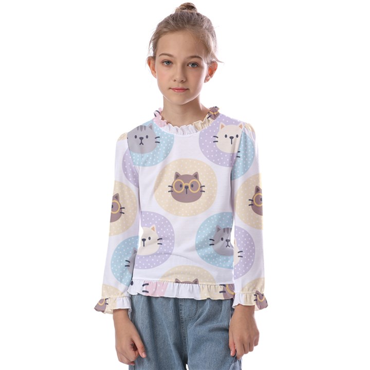 Cute Cat Seamless Pattern Background Kids  Frill Detail Tee