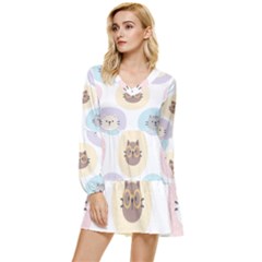 Cute Cat Seamless Pattern Background Tiered Long Sleeve Mini Dress