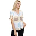 Cute Cat Seamless Pattern Background Bow Sleeve Button Up Top View3